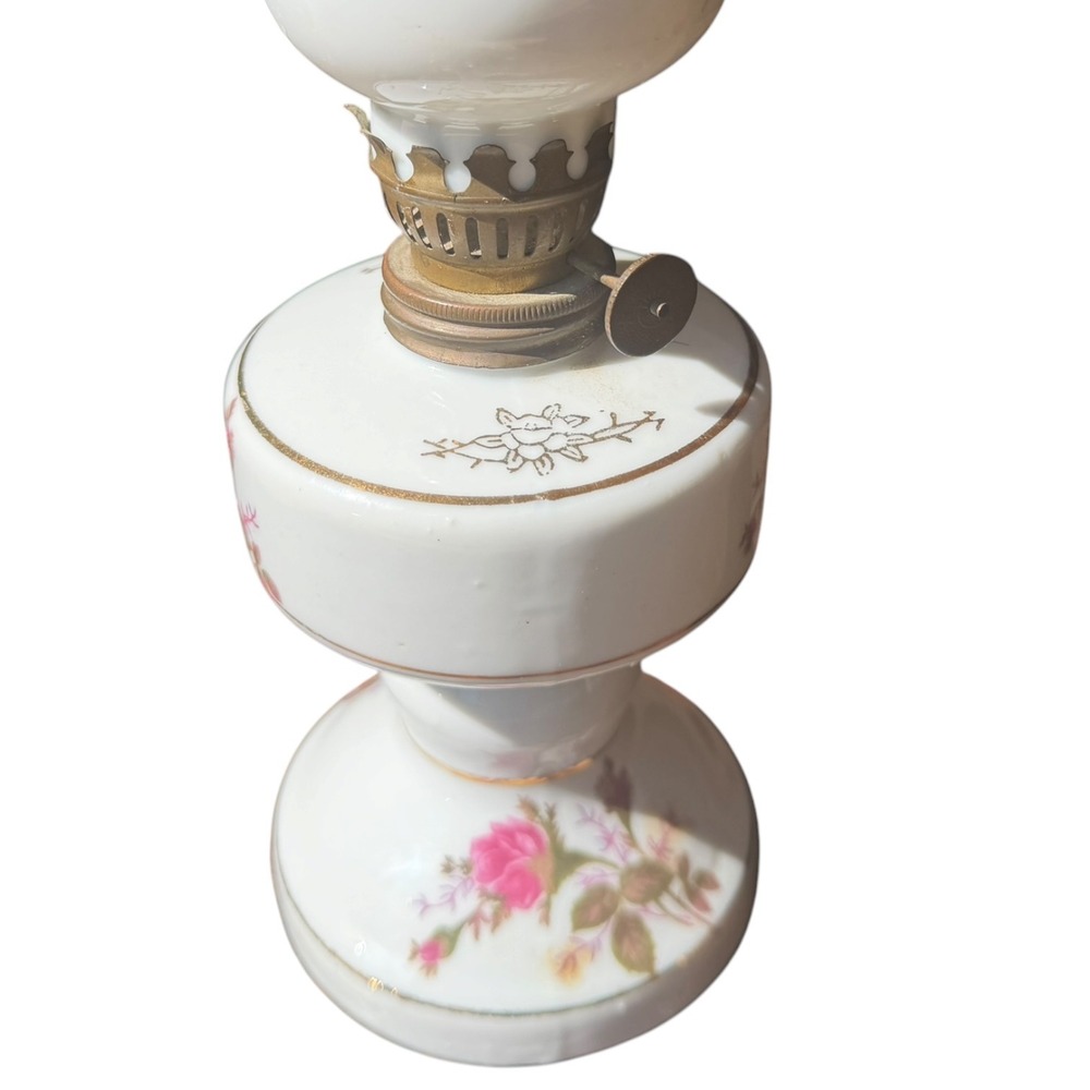 Vintage Japan Porcelain Floral Oil Lamp Pink Roses Gold Trim Hurricane Style 10" - Picture 10 of 15